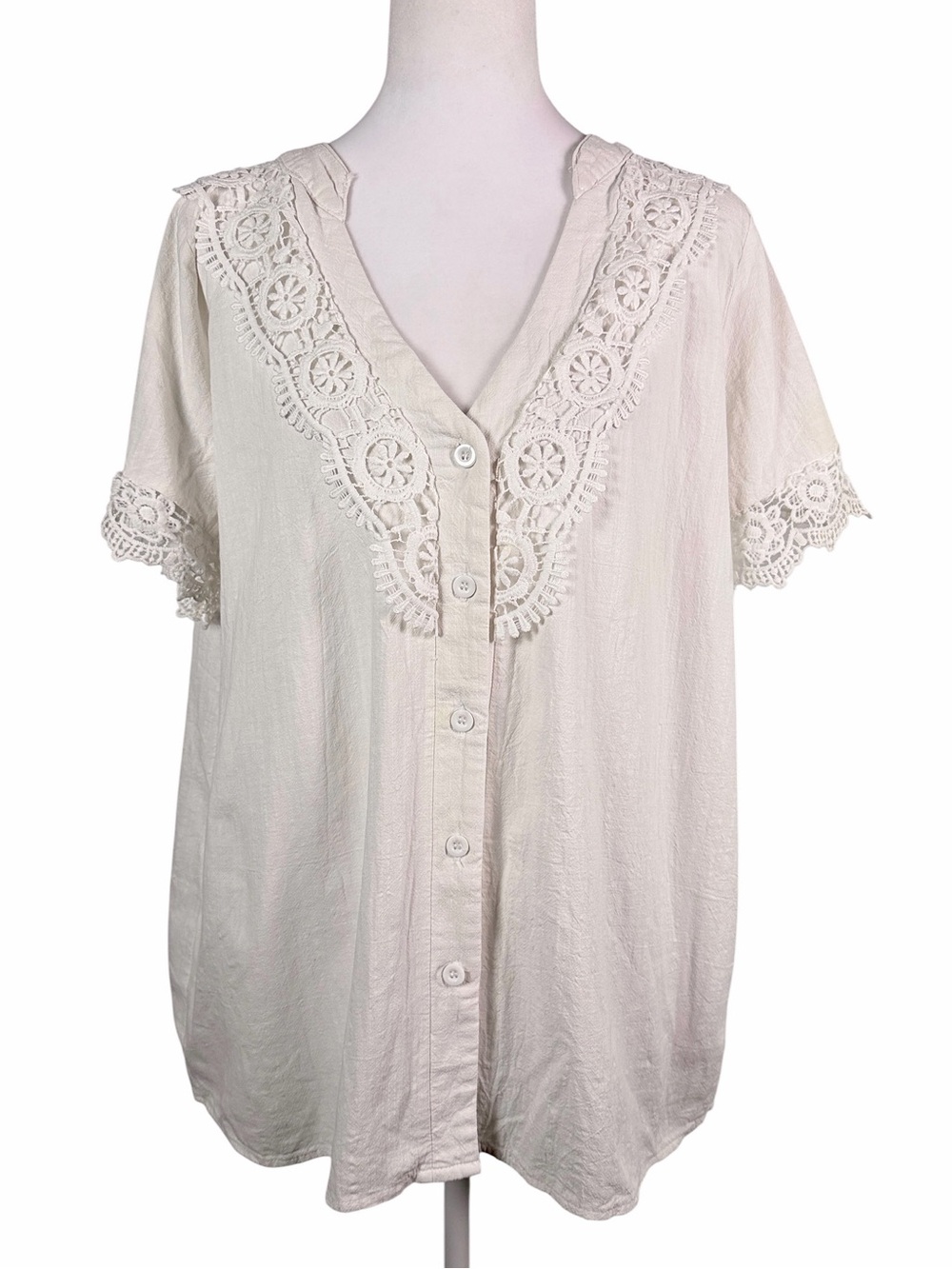Just Fashion Now  White Lace Trim Button-Up Blouse Size L